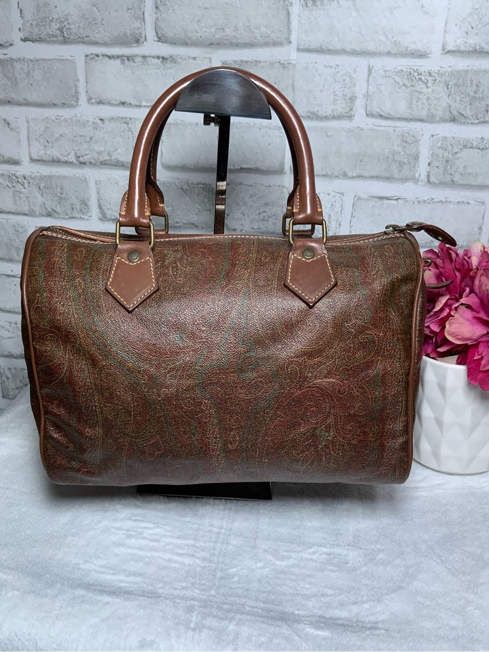 Brown Paisley Leather Duffel Bag with Top Handles